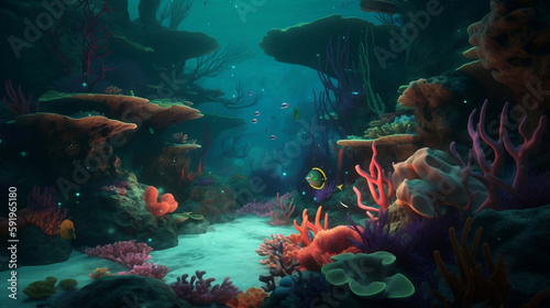 A coral reef with sea creatures that have the ability to change their shape and color, and underwater caves filled with glowing orbs,photorealistic