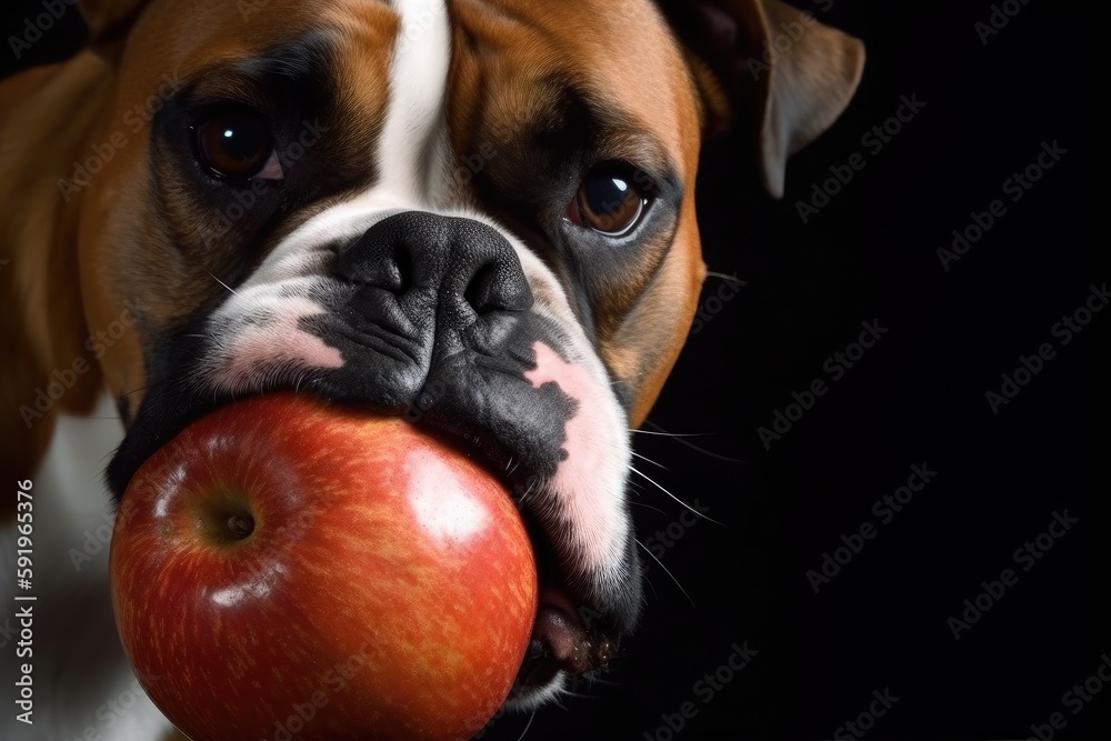 Close-up of a boxer dog with an apple in its mouth on a black background. Generative AI