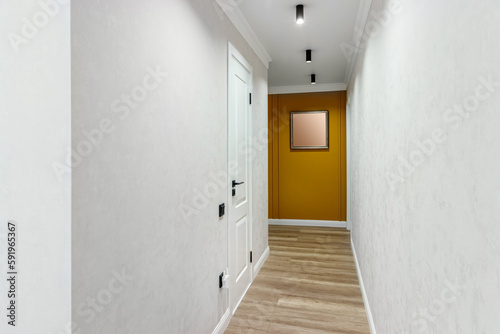 White door to the room at the end of a long corridor with a yellow wall and a painting © Dzmitry Halavach
