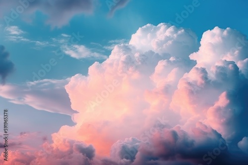 Beautiful pastel white-pink voluminous clouds in the sky. Generative AI