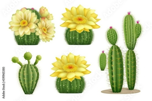 Set of beautiful exotic different cacti isolated on white background. Generative AI