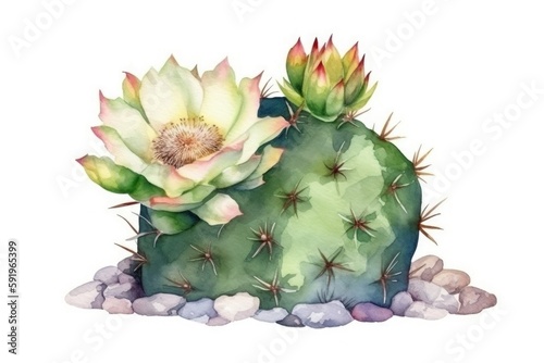 Watercolor illustration of a green cactus with a flower on a white background. Generative AI