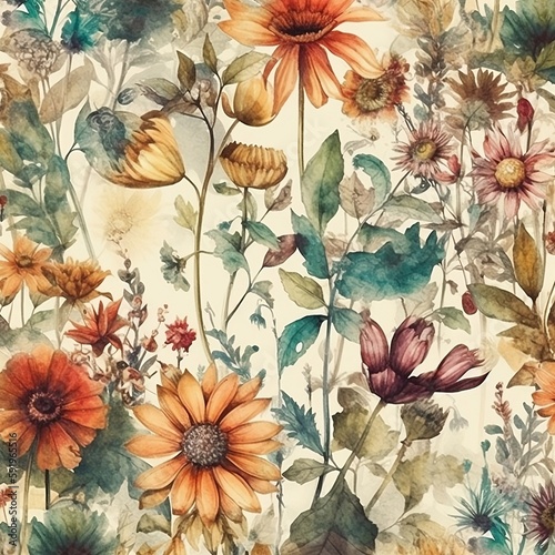 Floral seamless pattern, watercolor style, vintage illustration of abstract flowers, leaves and plants, texture design. AI genereted 