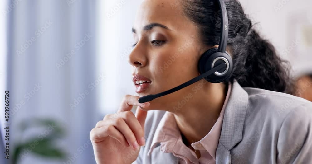 Call center, tired or woman frustrated in customer service consulting, conversation or explaining. Burnout, fatigue or stressed crm sales agent talking or speaking with headache at help desk office Call center, tired or woman frustrated in customer service consulting, conversation or explaining. Burnout, fatigue or stressed crm sales agent talking or speaking with headache at help desk office