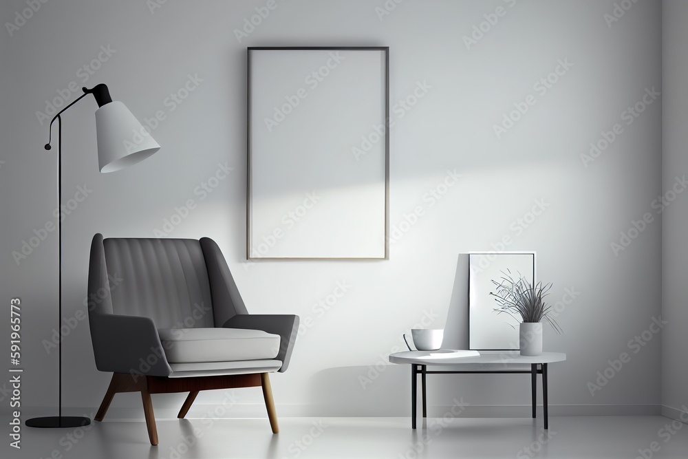 Generative AI illustration of armchair, coffee table, wood panel, floor lamp, and blank wall in modern minimalist room. Mock up for an illustration.