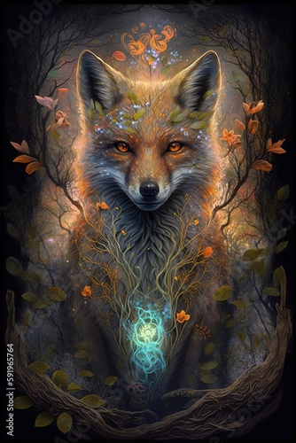 Generative AI illustration of ancient magical molten fox spirit in a mystical arcane forest, cute and symmetric design, smooth, stunningly beautiful, shimmering, iridescent, bio luminescent flowers © CravenA