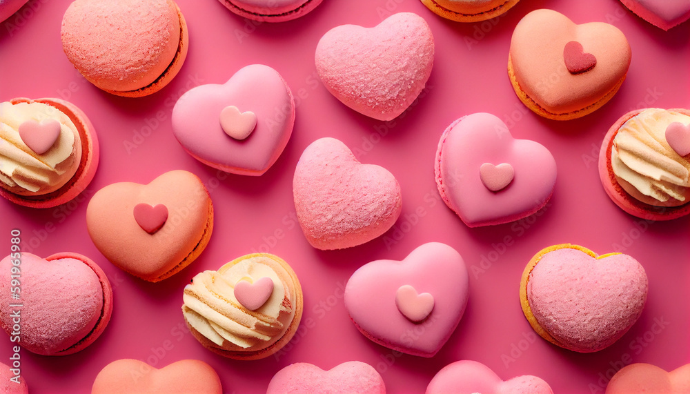 Fototapeta premium Playful Valentines Day heart-shaped macarons on a pink background, Generative AI