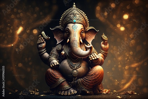 Платно Generative AI illustration of Ganesha Hindu God , with flowers, oil painting tak