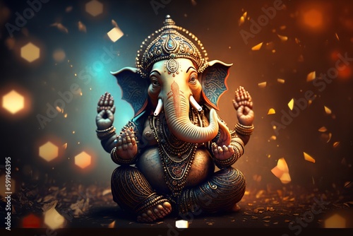 Generative AI illustration of Ganesha Hindu God , with flowers, oil painting taken up into heaven, sitting in front of bokeh mandala background