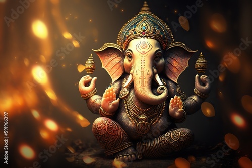 Generative AI illustration of Ganesha Hindu God , with flowers, oil painting taken up into heaven, sitting in front of bokeh mandala background