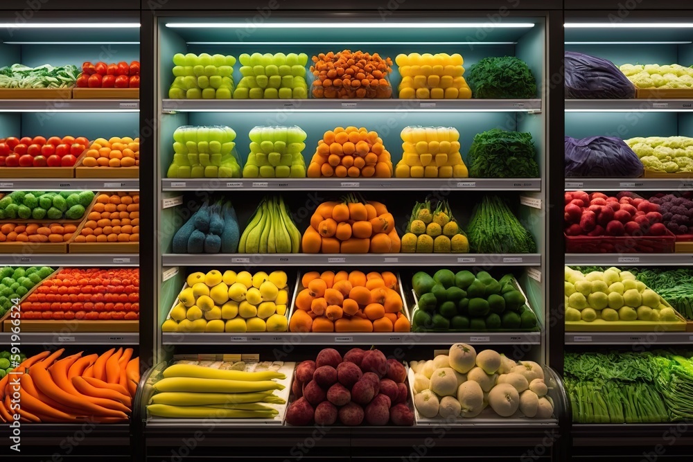 Generative AI illustration of fresh and colorful, fruit and vegetable section of the supermarket