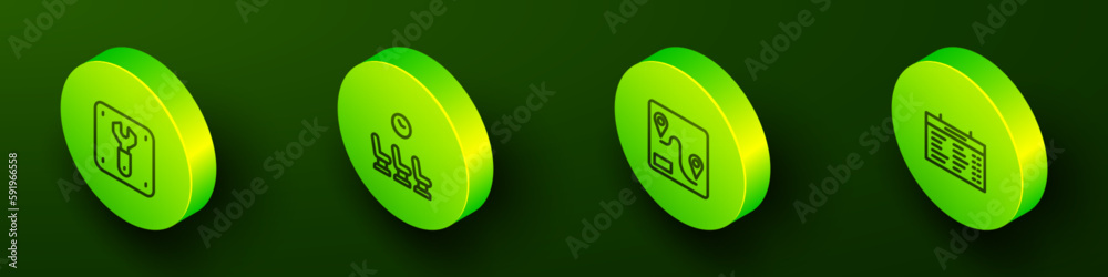 Set Isometric line Repair of railway, Waiting room, Route location and Train station board icon. Vector