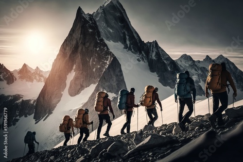 Generative AI illustration of group of mountaineers. Multiple high alpine climbers in front of a gigantic mountain photo