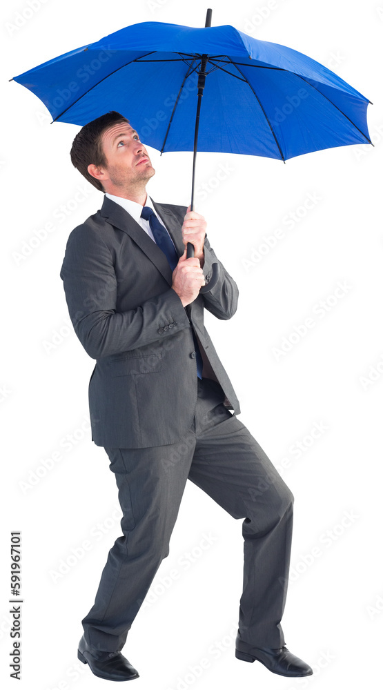 Businessman sheltering under blue umbrella Businessman sheltering under blue umbrella