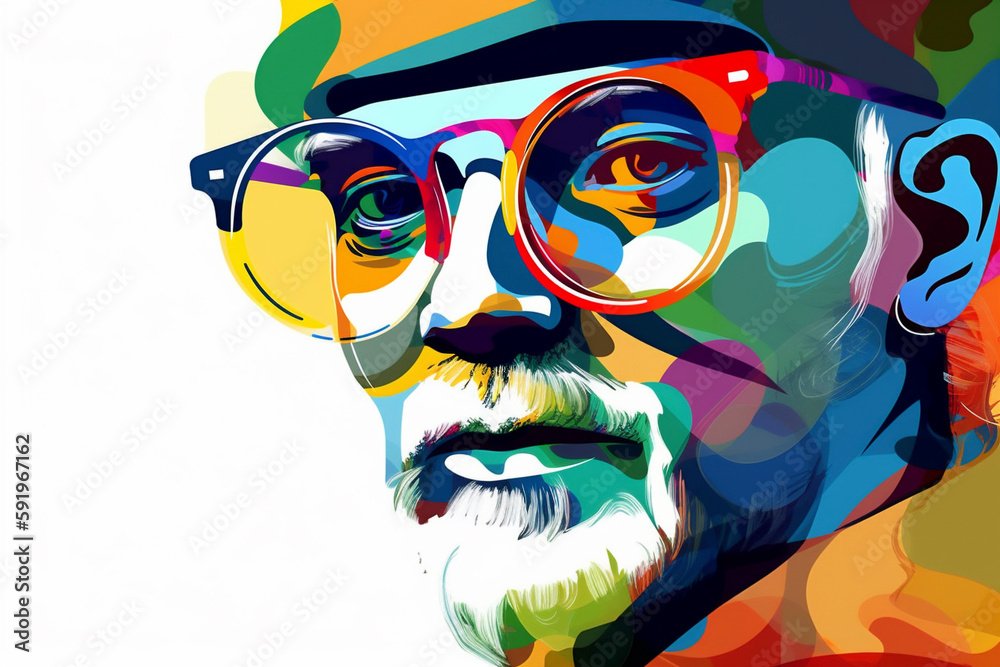 Illustration des Gesichts eines älteren Mannes, stilisiert, Farbe, Kreativität, Generative AI