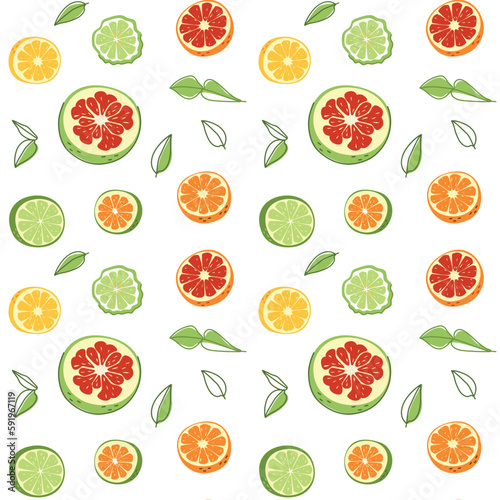 Fototapeta Naklejka Na Ścianę i Meble -  Seamless pattern of citrus fruit slices and leaves on a white background. Vector illustration for fabric, decor and wrapping paper