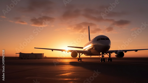 Airplane at sunset. AI