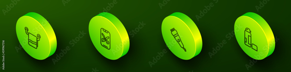 Set Isometric line Towel on a hanger, Barber online service or platform, Electrical hair clipper and Shaving gel foam icon. Vector Set Isometric line Towel on a hanger, Barber online service or platform, Electrical hair clipper and Shaving gel foam icon. Vector