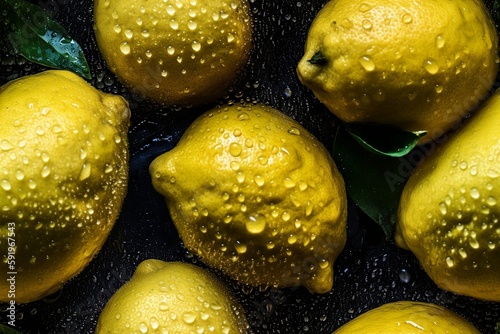 TILE Background of fresh lemons with shimmering drops of water. View from the top. Shadows are soft. Focus is sharp and clean. Retouching at the highest level.