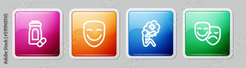 Set line Sedative pills, Comedy theatrical mask, Helping hand and tragedy masks. Colorful square button. Vector