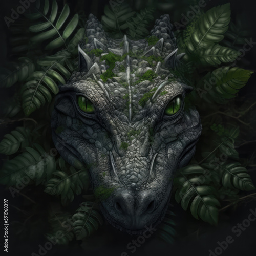 A Black Caiman Head Wrapped In Green Leaves On A Background Of Leaves. Generative AI