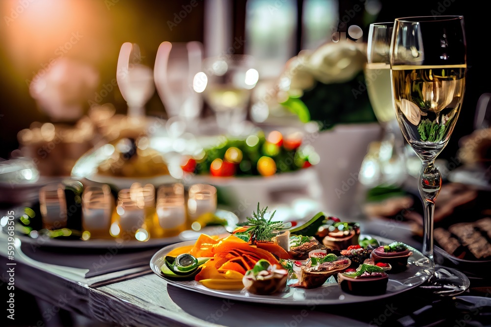 Generative AI illustration of serving table of a variety of delicious festive food and wine prepared for event party or wedding. Selective focus Generative AI illustration of serving table of a variety of delicious festive food and wine prepared for event party or wedding. Selective focus