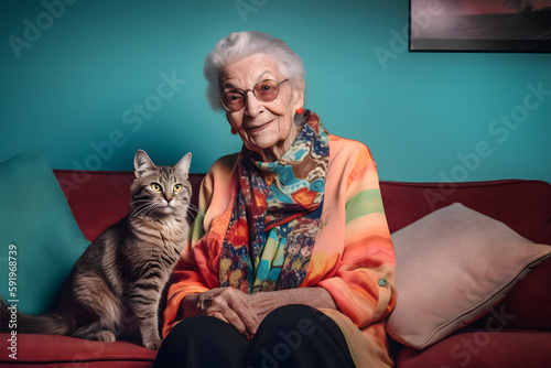 nice grandmother with her cat on a sofa. generative ai