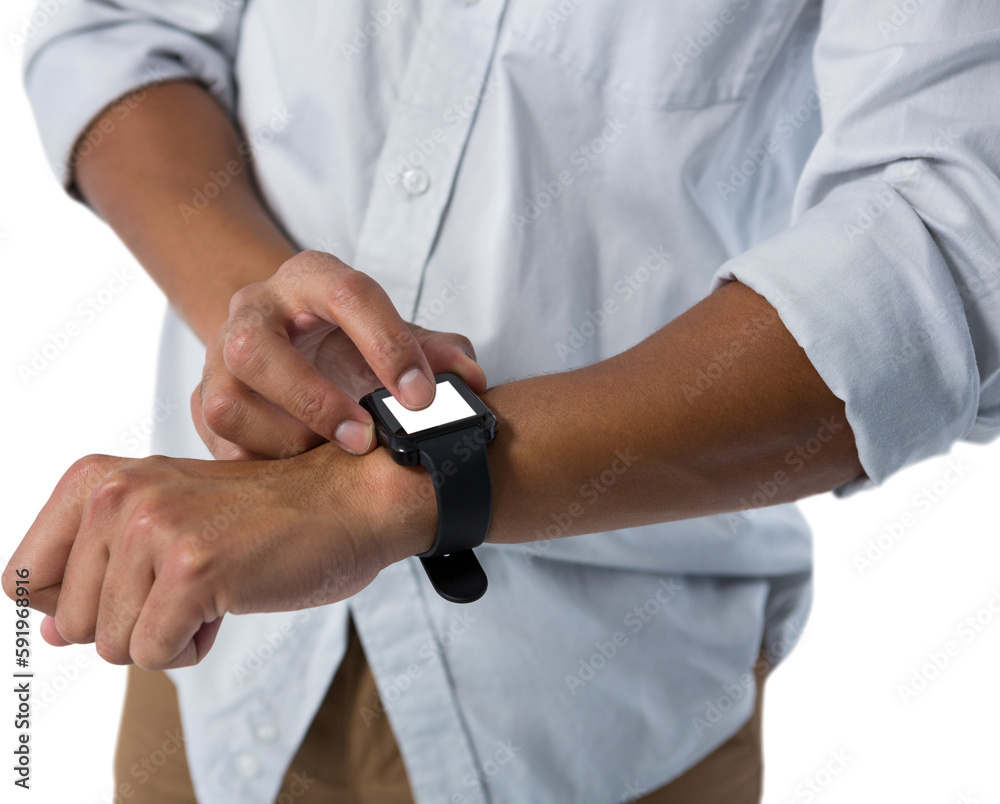 Man using smartwatch against white background Man using smartwatch against white background