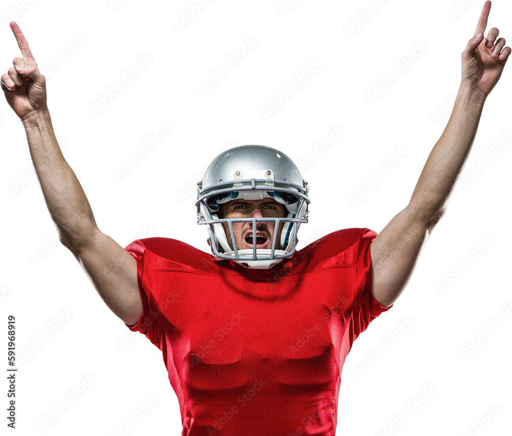 American football player with arms raised standing