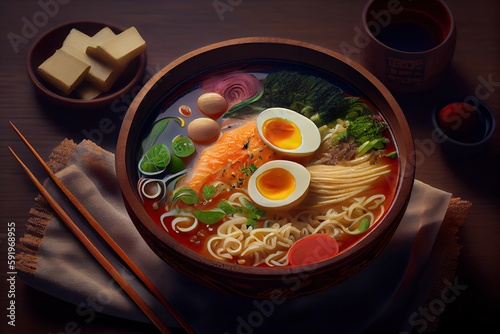 Generative AI illustration of the most delicious japanese Ramen, soy sauce ramen in pork bone broth © CravenA