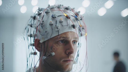Man monitoring his brain with sensors electrodes, in white Lab, brain-computer interfaces, electroencephalogram, AI generative photo