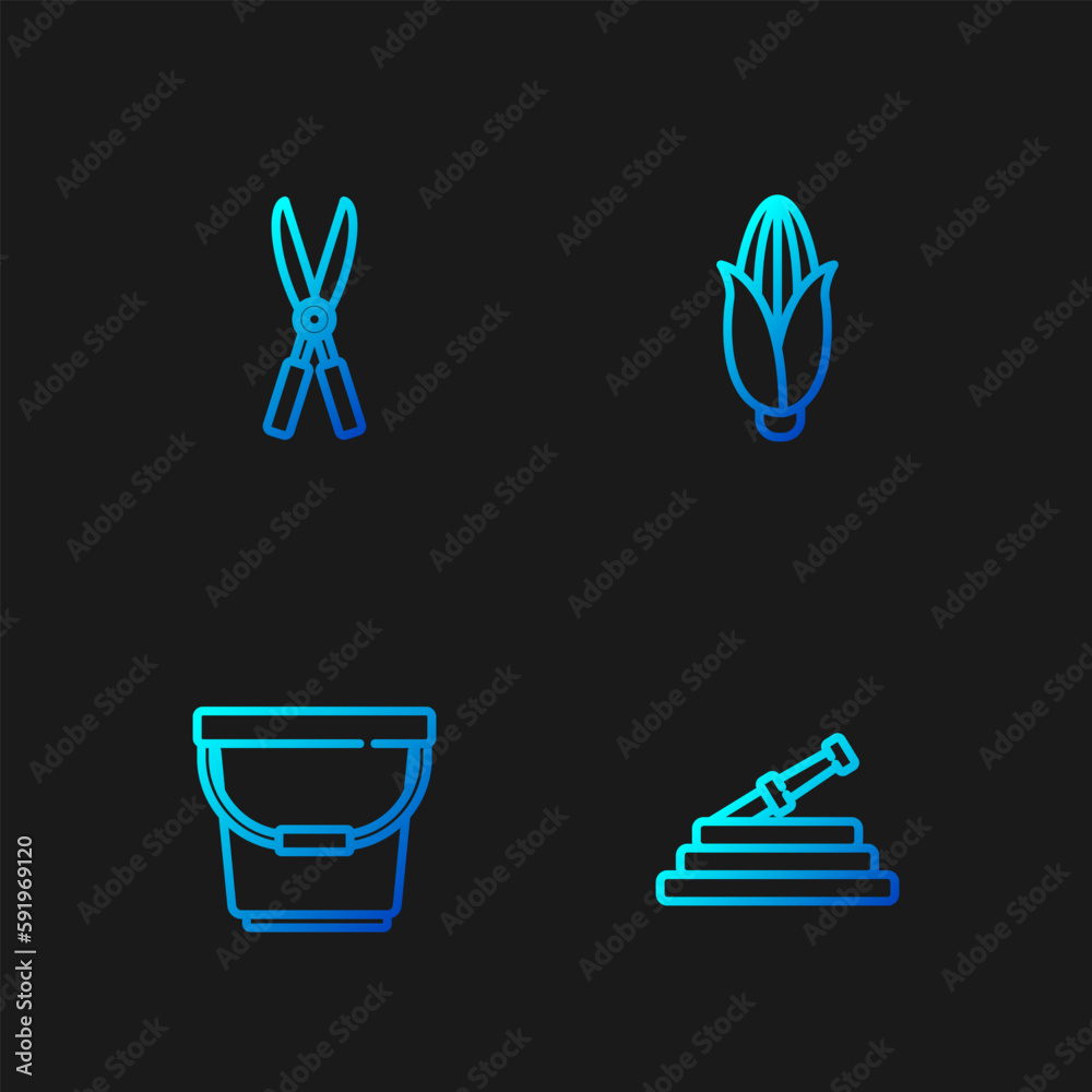 Fototapeta premium Set line Garden hose or fire hose, Bucket, Gardening handmade scissors and Corn. Gradient color icons. Vector