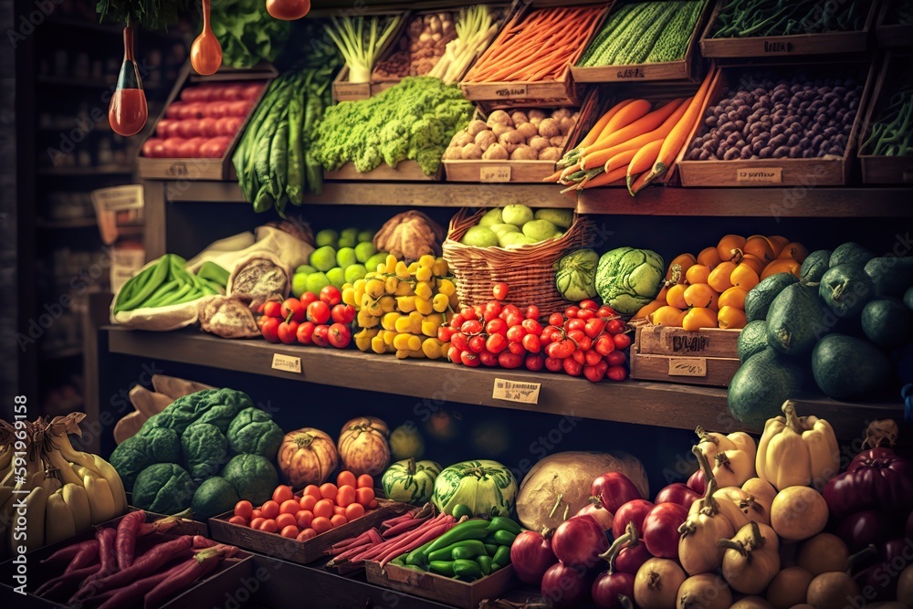 Generative AI illustration of vegetable farmer market counter: colorful various fresh organic healthy vegetables at grocery store. Healthy natural food concept