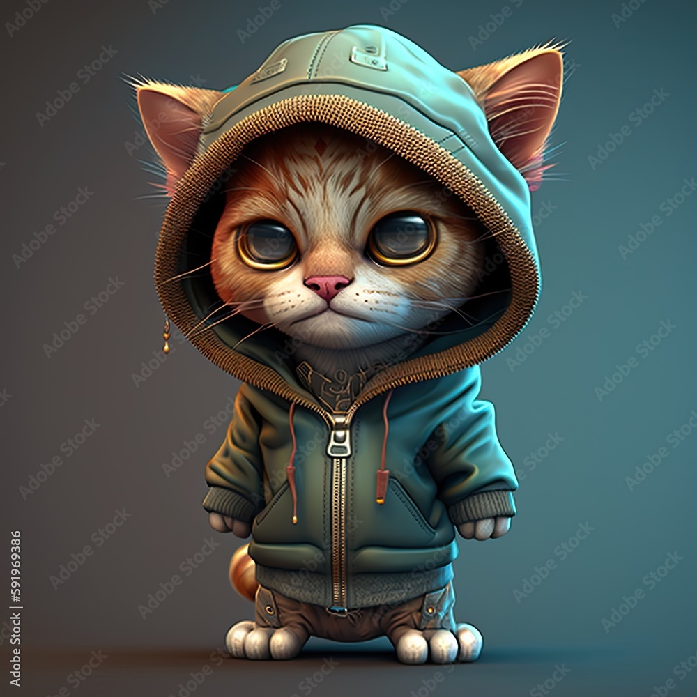 Poster Print Generative AI illustration of 3D SHADED group of chibi cat with wide head and cu 40x40 cm
