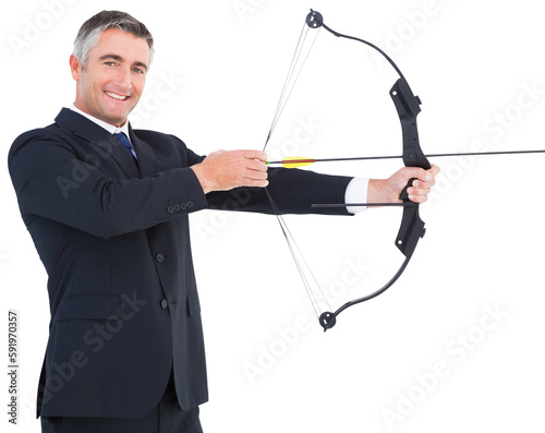 Smiling businessman stretching a bow
