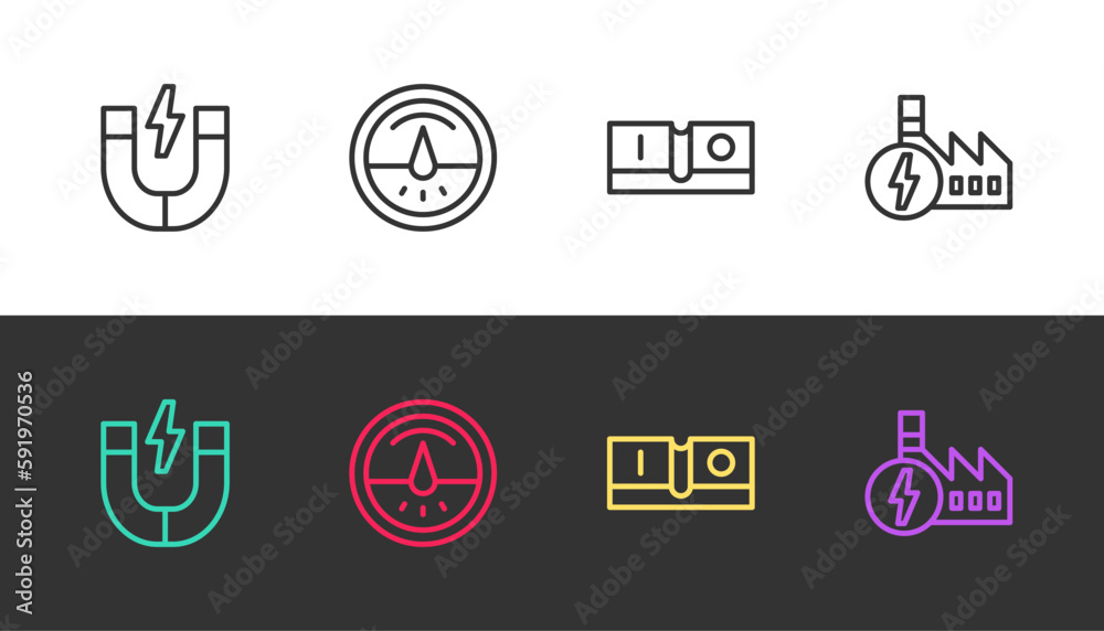 Set line Magnet, Electric meter, light switch and Nuclear power plant on black and white. Vector Set line Magnet, Electric meter, light switch and Nuclear power plant on black and white. Vector
