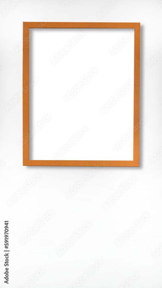 Vertical image, transparent canvas template with wooden frame mockup hanging on the clean white wall, blank space, copy space for graphic, image or text, wallpaper, medium