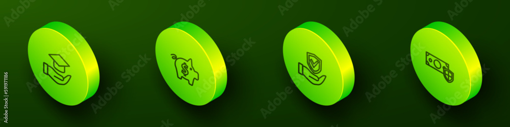 Set Isometric line Education grant, Piggy bank, Shield in hand and Money with shield icon. Vector