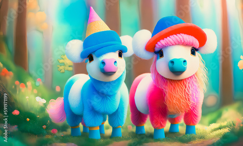 A whimsical scene of colorful ponies with funny outfits. Fairytale atmosphere. Generative AI. © 4K_Heaven