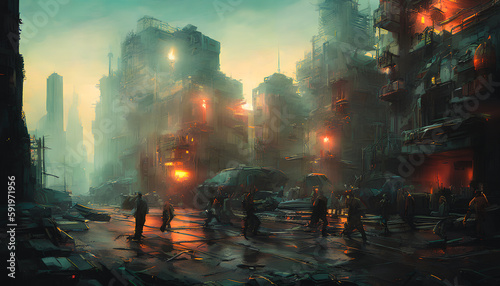 A dystopian environment with a glimpse of a ruined city. Surrealism. Generative AI © 4K_Heaven