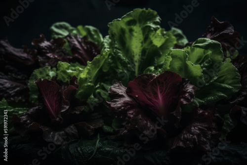 Lettuce, dark background, moody image, generative ai, Fresh tasty vegetables, Fresh ingredients, cooking ingredients