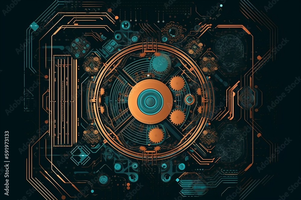 Hi-Tech Gear Wheel on Circuit Board Illustration for Engineering, Digital Business, and Teamwork Concepts - AI-Generated 