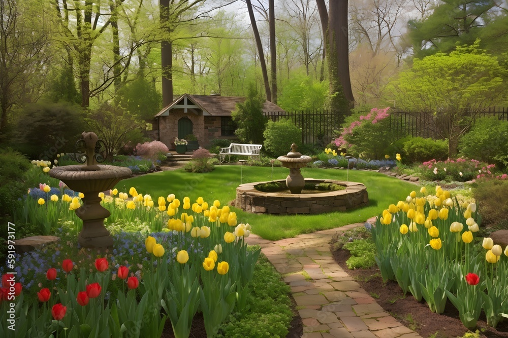Obraz premium Vibrant Springtime Scenery - Blooming Flowers and Lush Greenery - Season of Rebirth and Renewal - AI-Generated