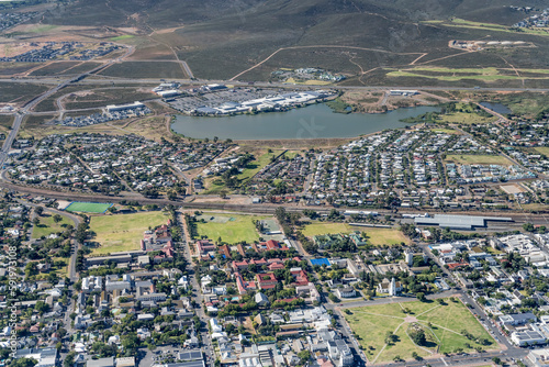 residential neighborhood and mall on Worcester dam lake aerial, South Africa
