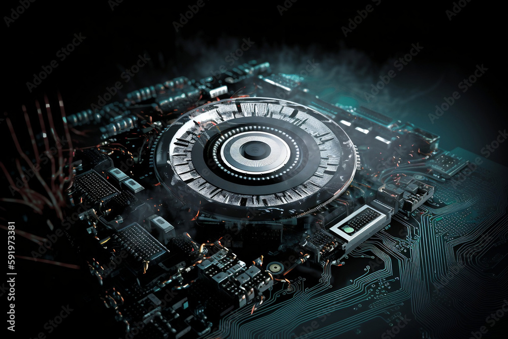 Fototapeta premium Hi-Tech Gear Wheel on Circuit Board Illustration for Engineering, Digital Business, and Teamwork Concepts - AI-Generated 