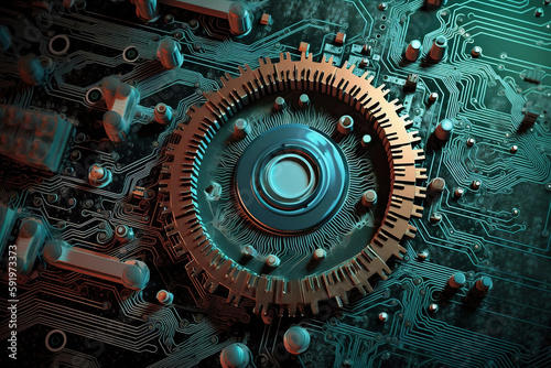Hi-Tech Gear Wheel on Circuit Board Illustration for Engineering, Digital Business, and Teamwork Concepts - AI-Generated 