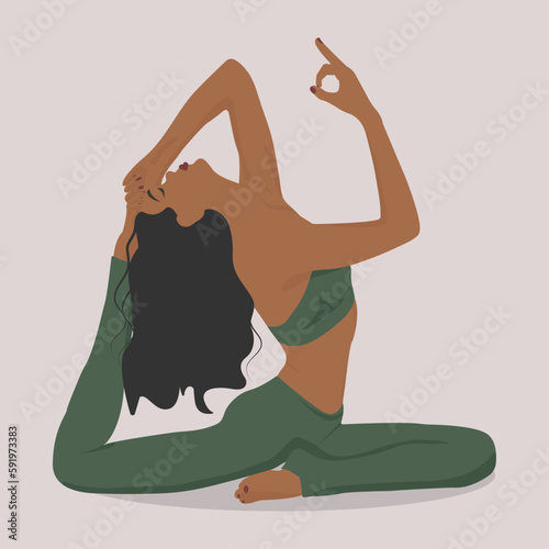 A faceless girl in a green suit with black hair is doing yoga in the lotus position