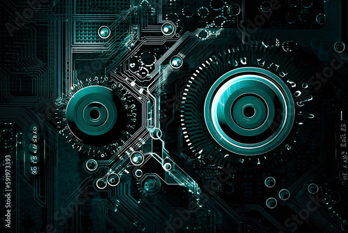 Hi-Tech Gear Wheel on Circuit Board Illustration for Engineering, Digital Business, and Teamwork Concepts - AI-Generated 