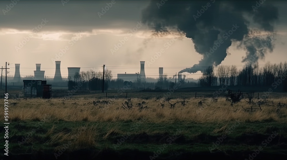 polluting factory background with lots of black smoke chimneys, production emissions, nature pollution theme