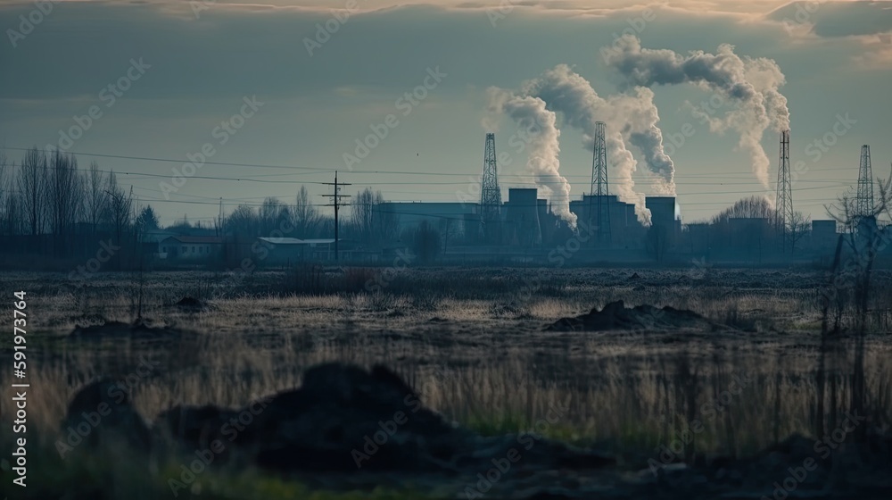 polluting factory background with lots of black smoke chimneys, production emissions, nature pollution theme	
